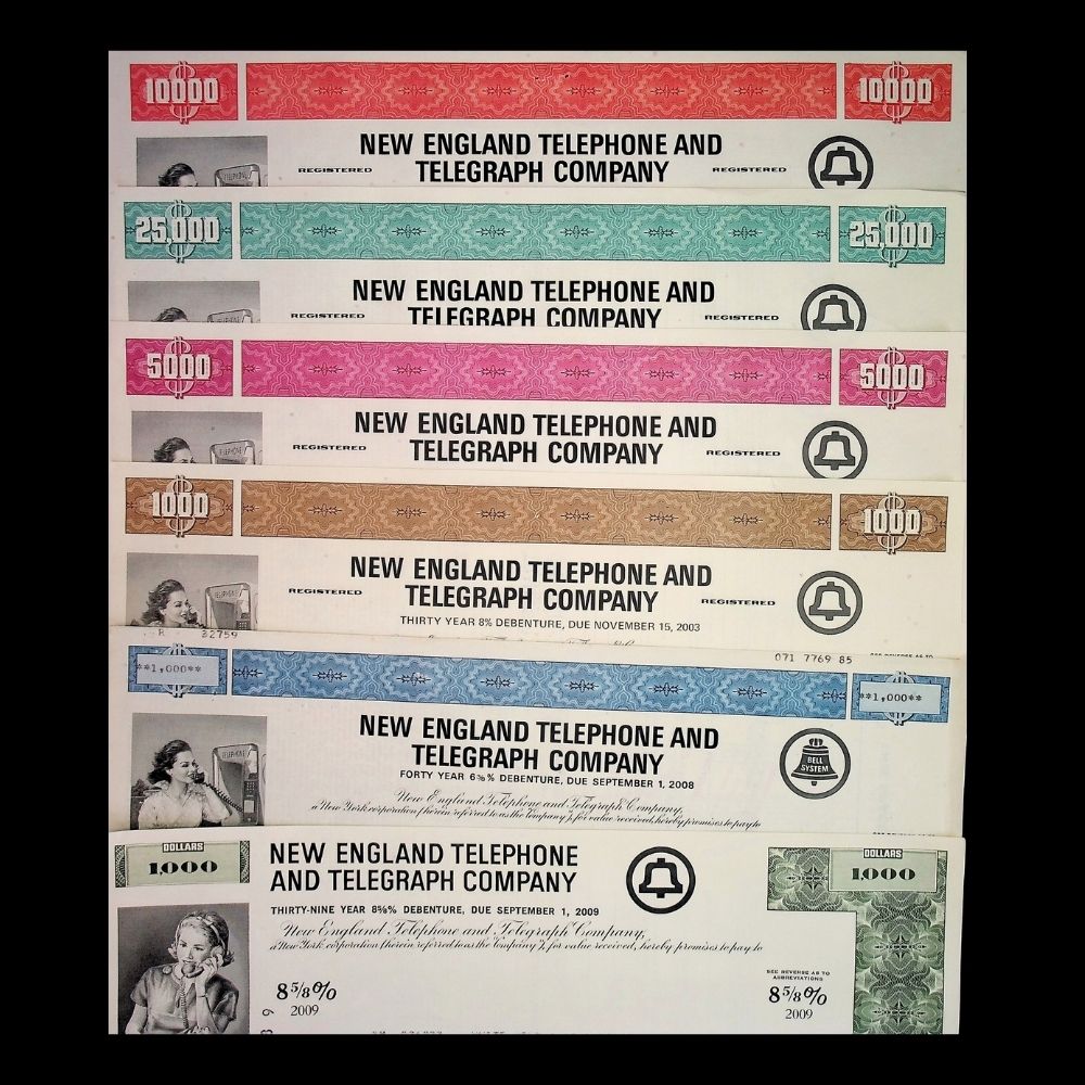 New England Telephone and Telegraph Company Stock Certificate from 1970s – Multi-Color