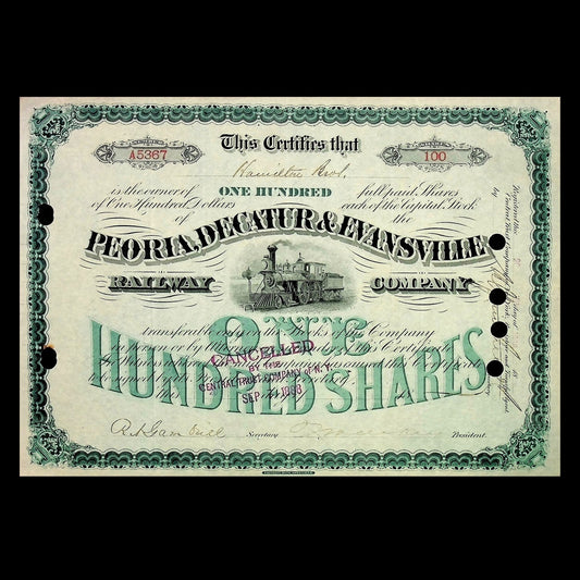 Peoria, Decatur & Evansville Railway Company Stock Certificate from 1880s