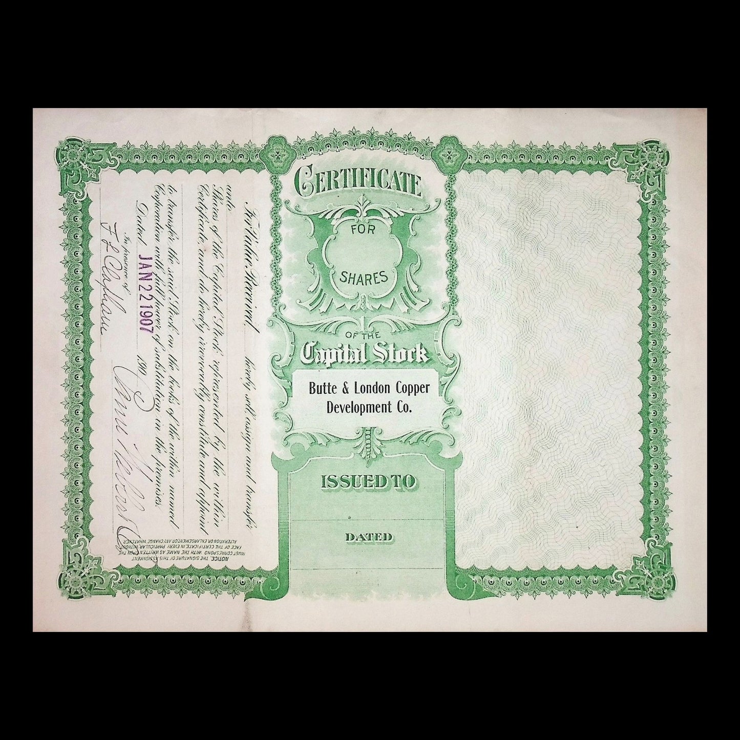 1907 年布特和伦敦铜业发展公司股票证书(蒙大拿州)