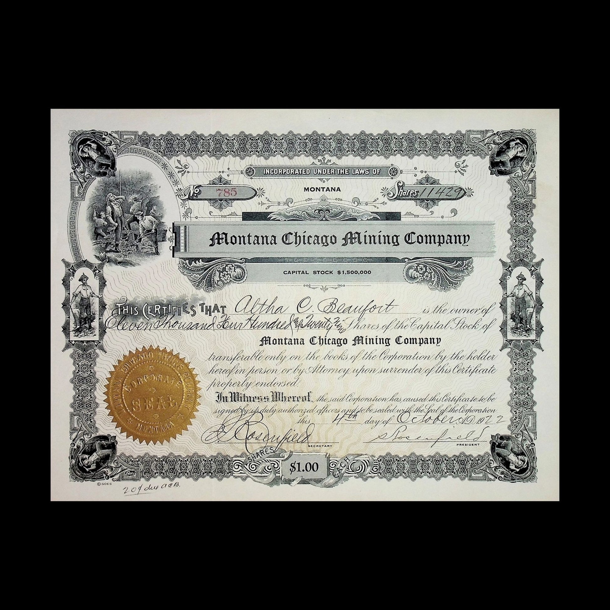 Antique stock certificate from Montana Chicago Mining Company, dated 1922, with a gold seal and signature.