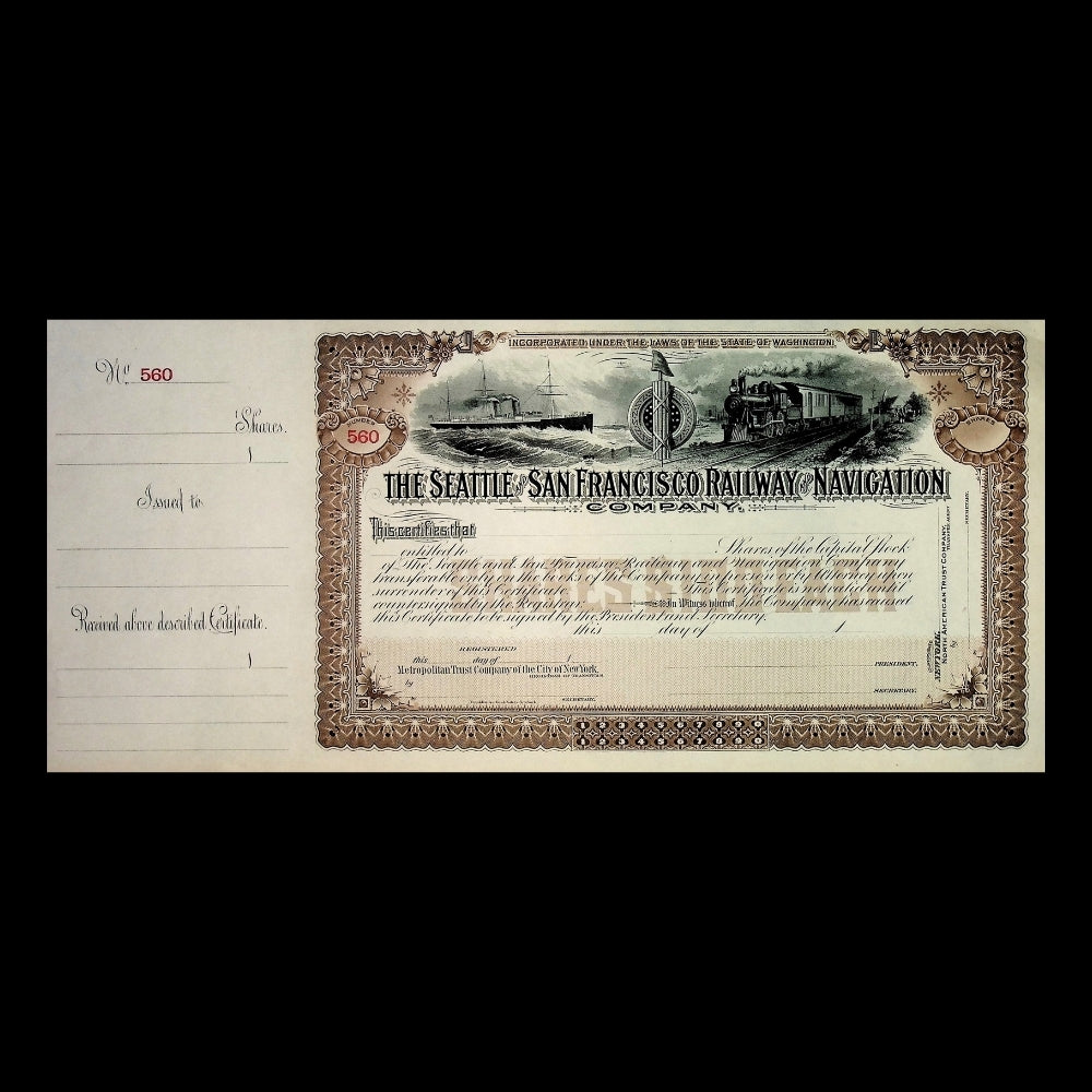 Seattle & San Francisco Railway & Navigation Company Unissued Stock Certificate from 1900s
