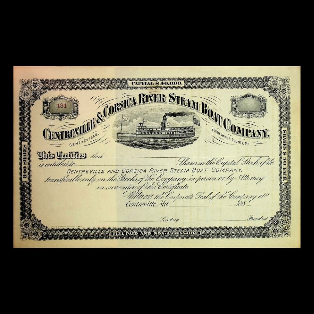 Centerville & Corsica River (Chesapeake Bay) Steam Boat Company Unissued Stock Certificate 1880s
