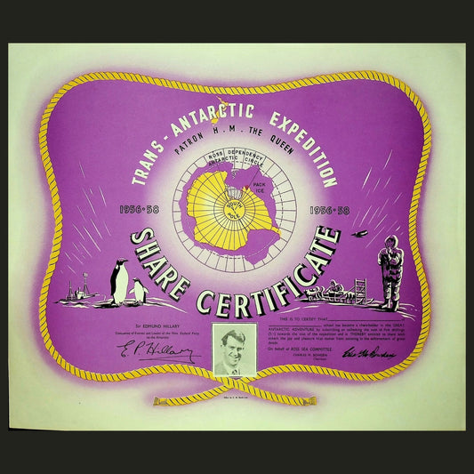Trans Antarctic Expedition Share Certificate from 1950s (New Zealand to South Pole)