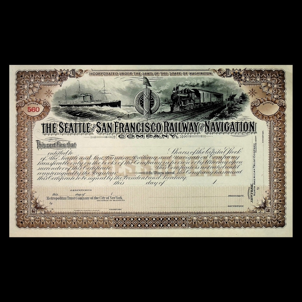 Seattle & San Francisco Railway & Navigation Company Unissued Stock Certificate from 1900s