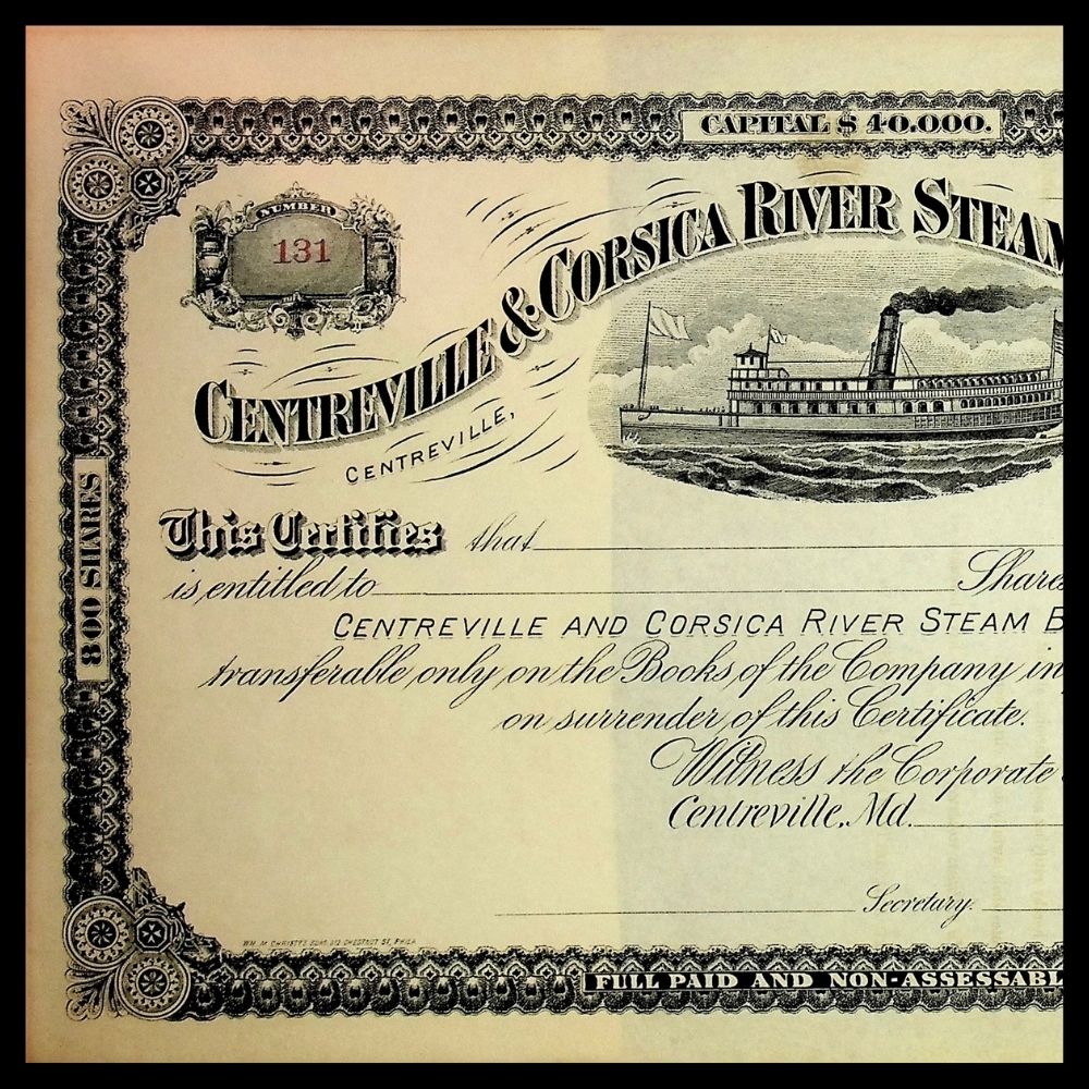 Centerville & Corsica River (Chesapeake Bay) Steam Boat Company Unissued Stock Certificate 1880s