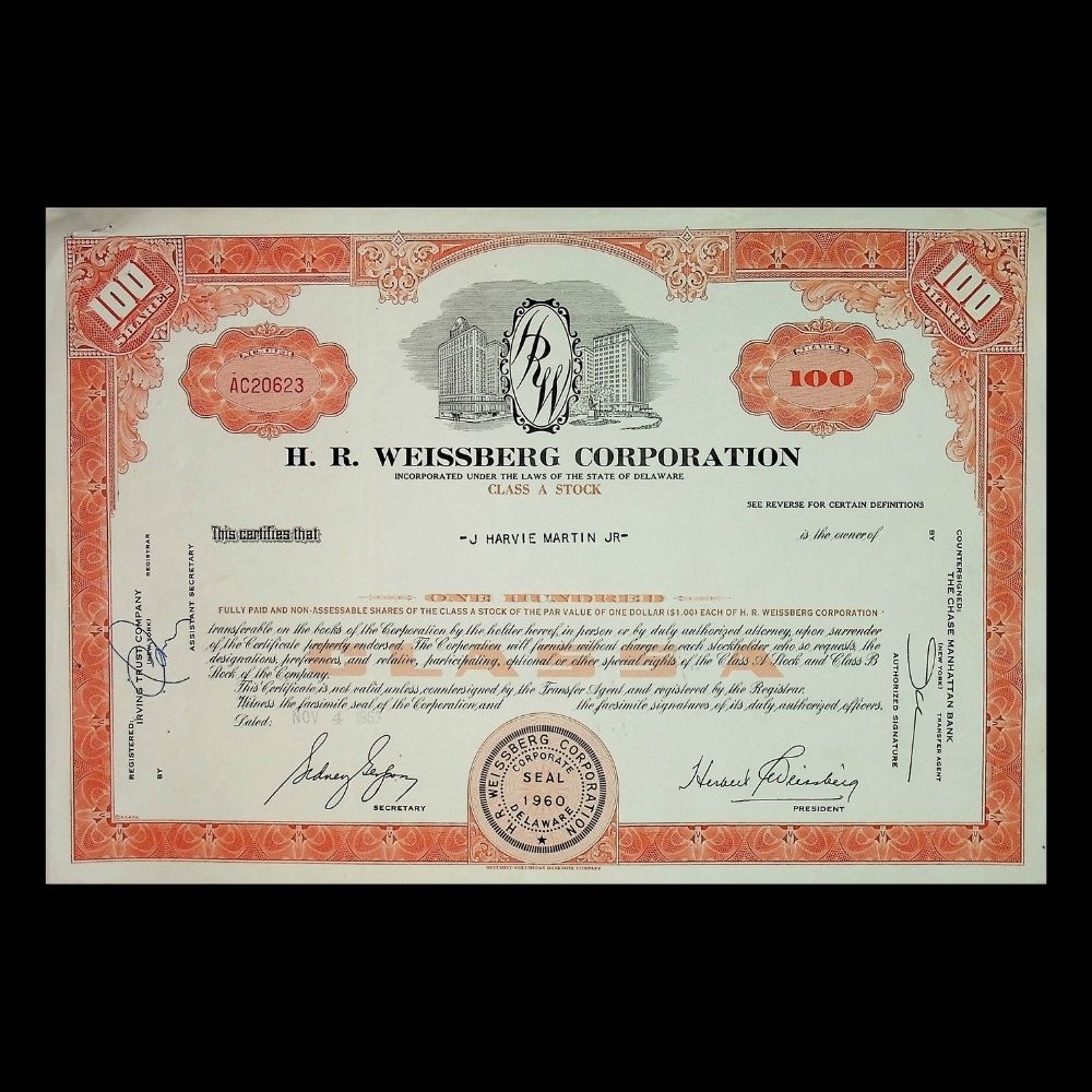 H.R. Weissberg Corporation stock certificate with decorative border and text