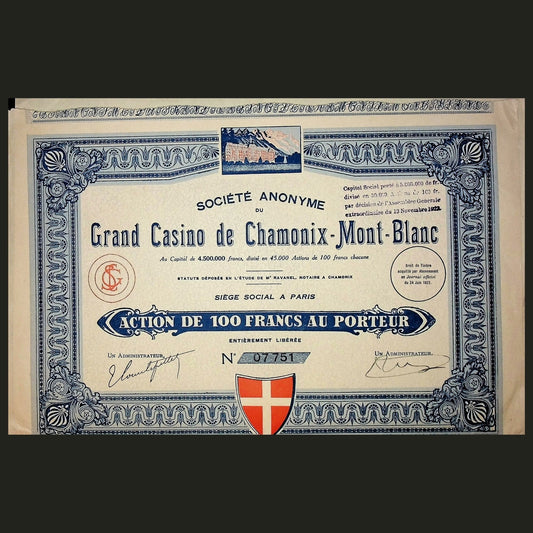 Grand Casino de Chamonix Mount-Blank Stock Certificate from 1923