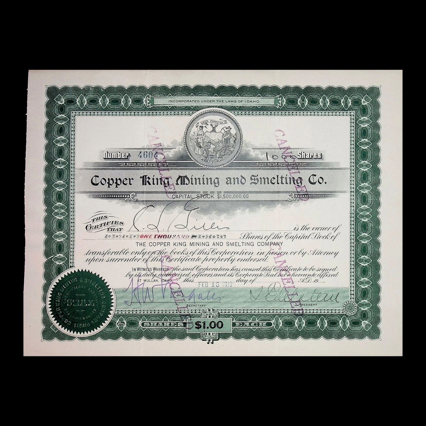 1919 年铜王矿业冶炼公司(爱达荷州)股票证书