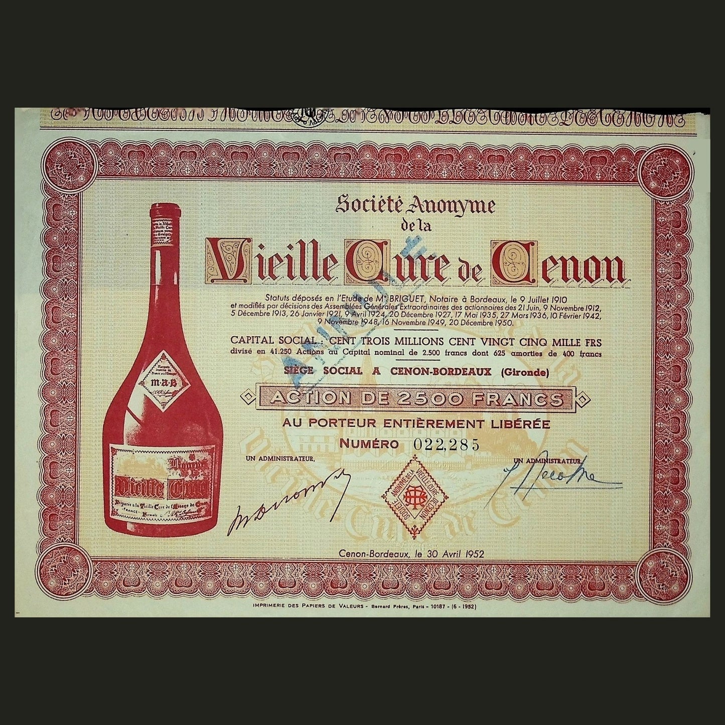 1952 年 Vielle Cure De Cenon(法国葡萄酒)股票证书