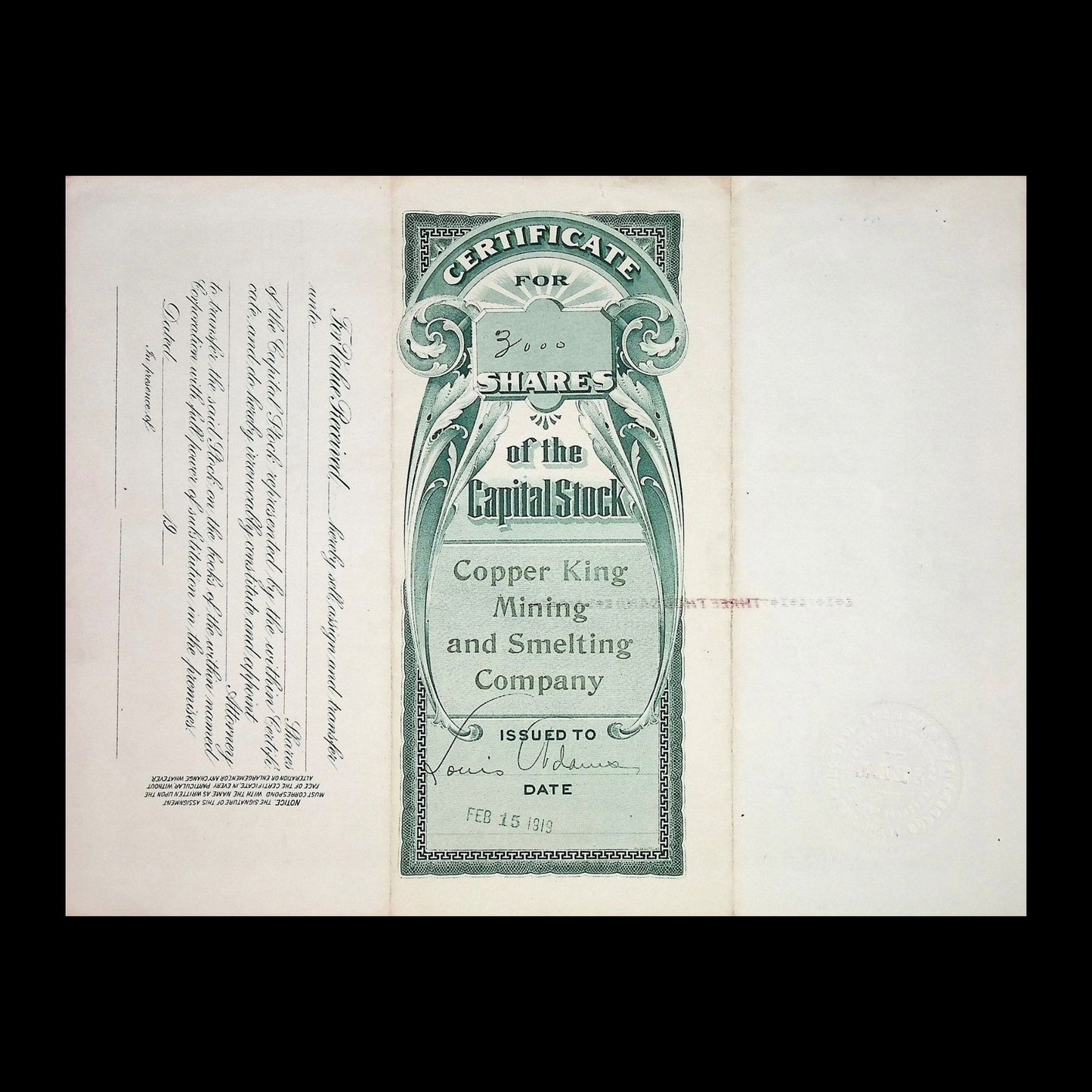1919 年铜王矿业冶炼公司(爱达荷州)股票证书