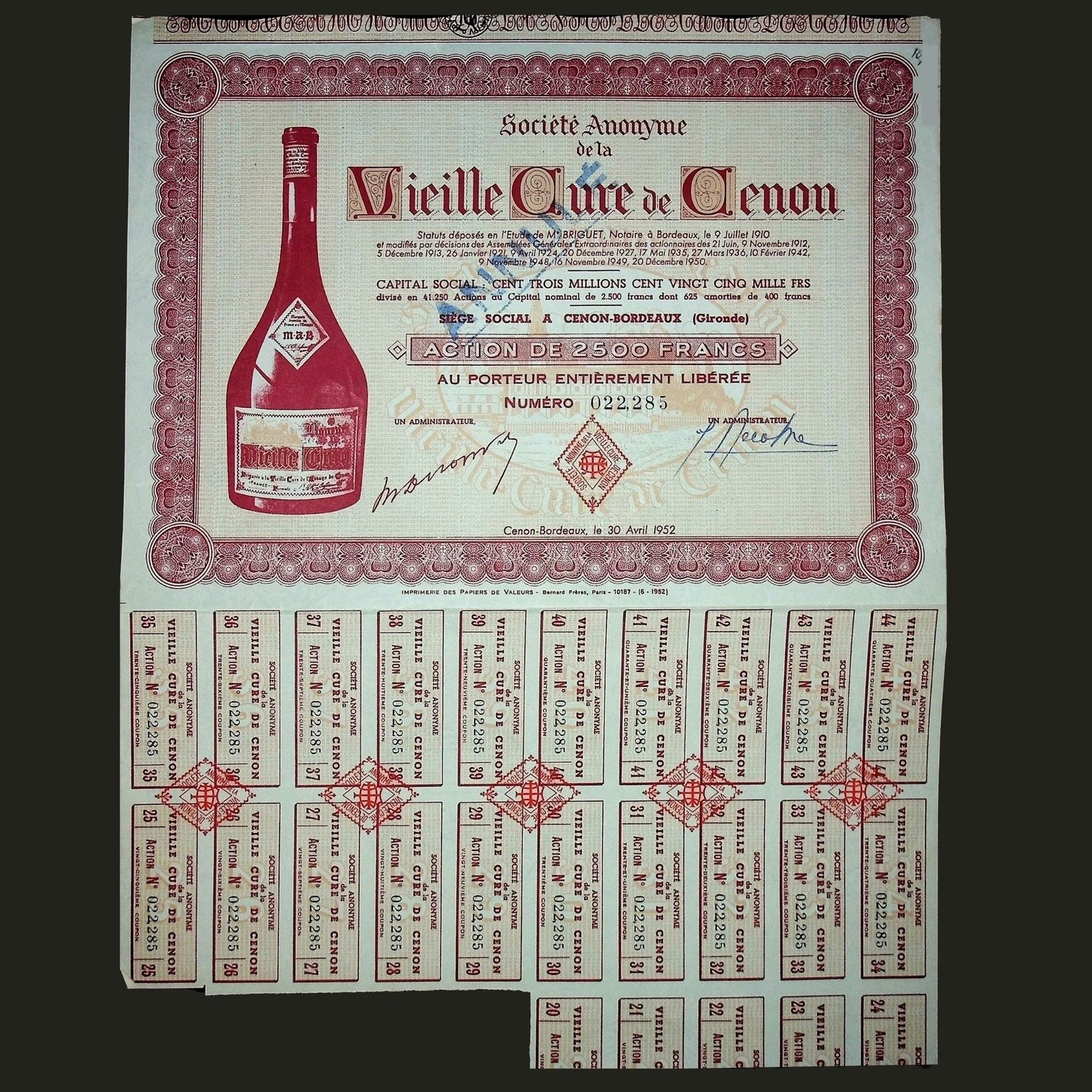 1952 年 Vielle Cure De Cenon(法国葡萄酒)股票证书