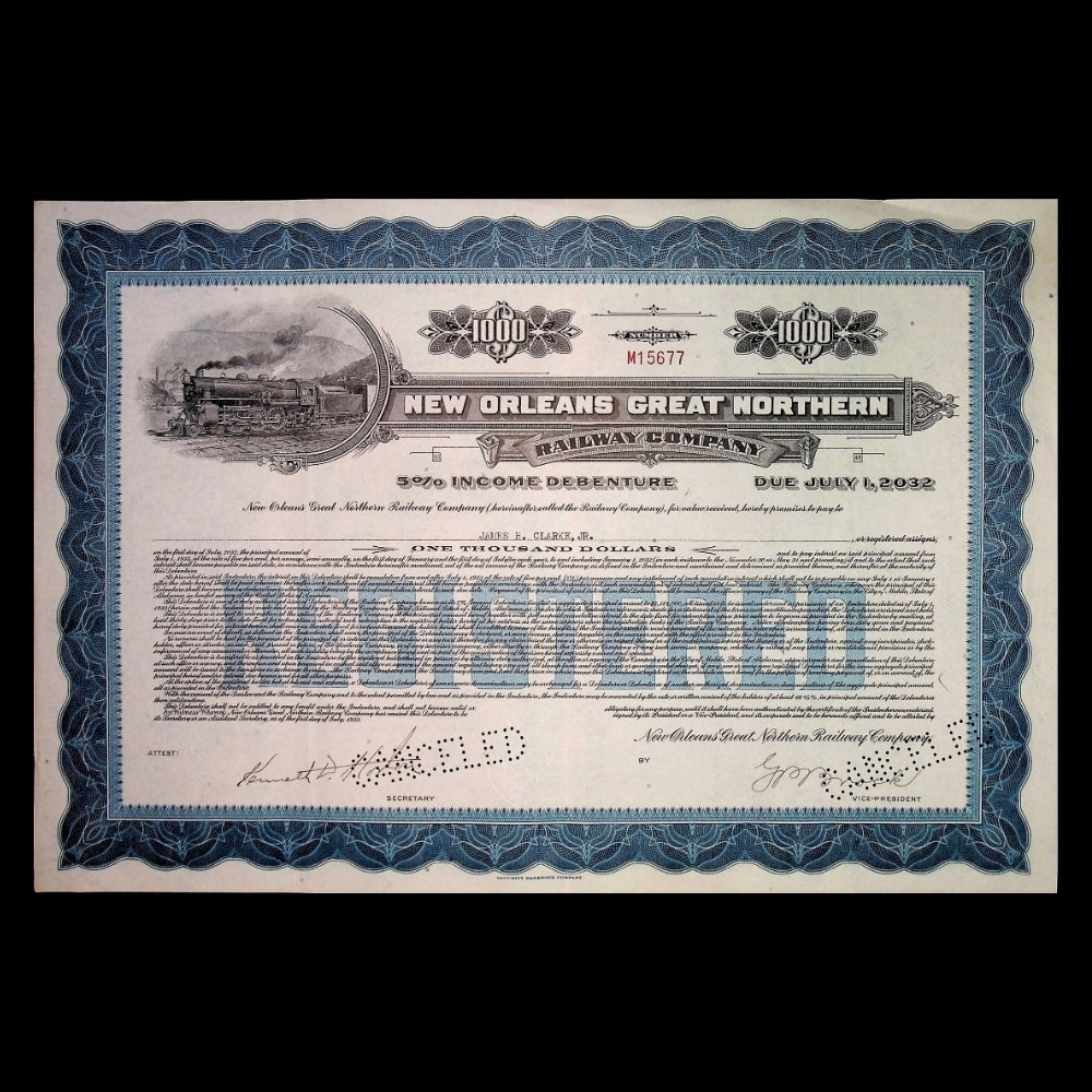 New Orleans Great Northern Railway Bond Certificate from 1933