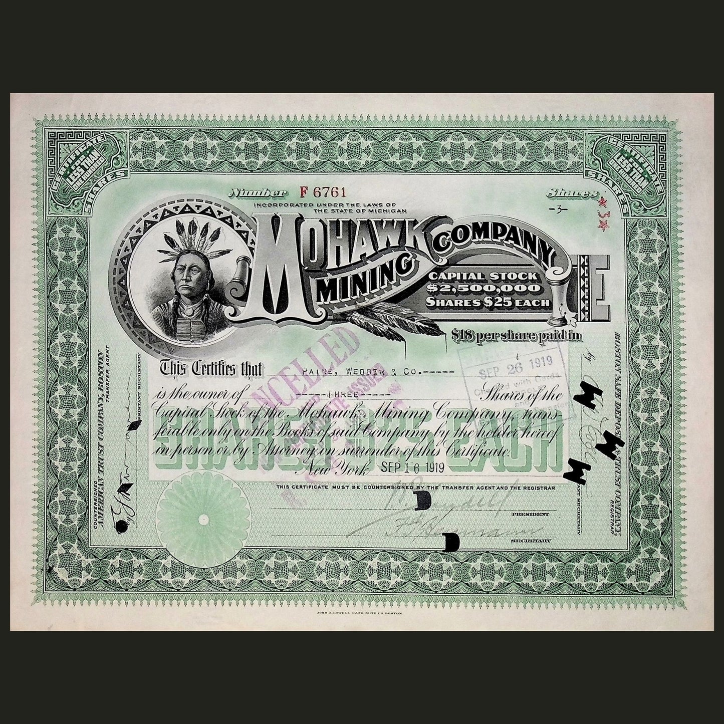 1919 年莫霍克矿业公司股票证书(美洲原住民设计)