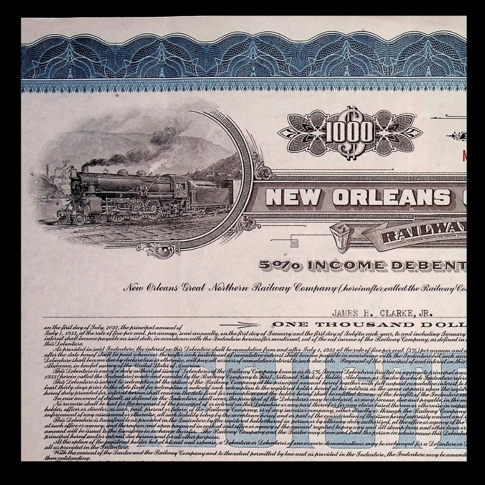 New Orleans Great Northern Railway Bond Certificate from 1933