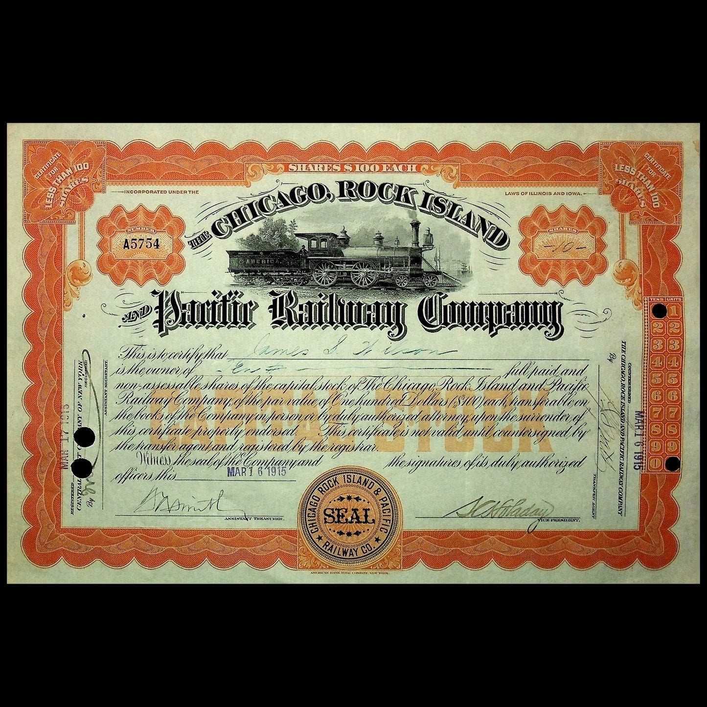 Chicago, Rock Island and Pacific Railroad "Rock Island Line" Company Stock Certificate from 1915