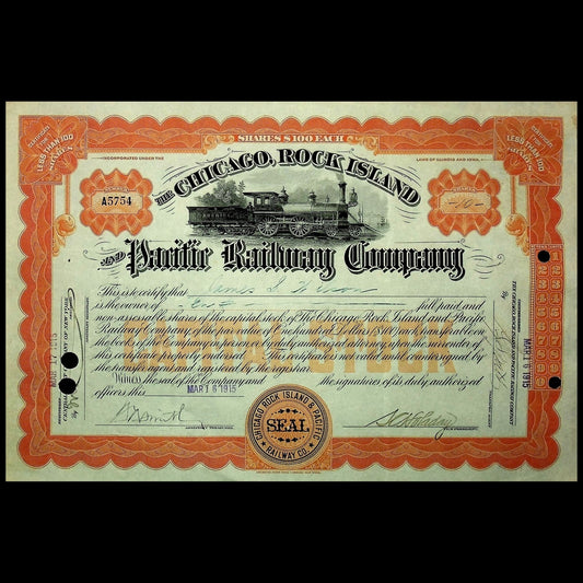 Chicago, Rock Island and Pacific Railroad "Rock Island Line" Company Stock Certificate from 1915