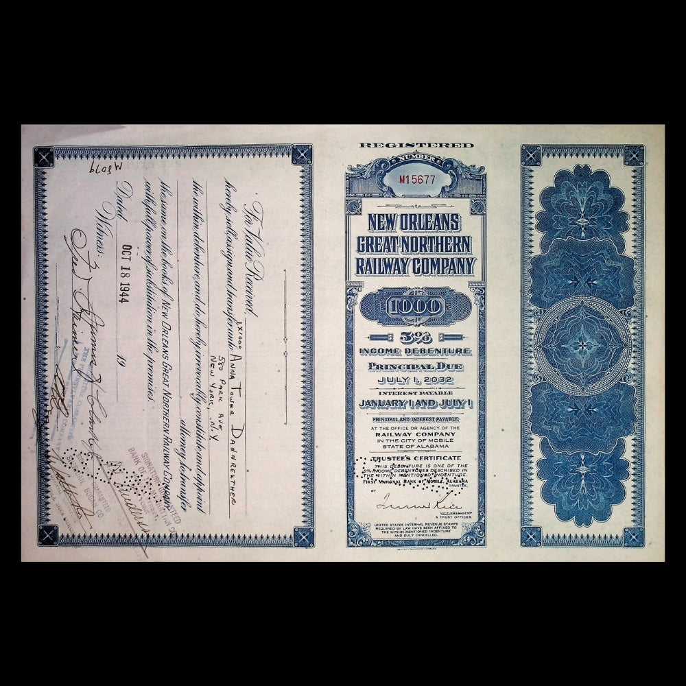 New Orleans Great Northern Railway Bond Certificate from 1933