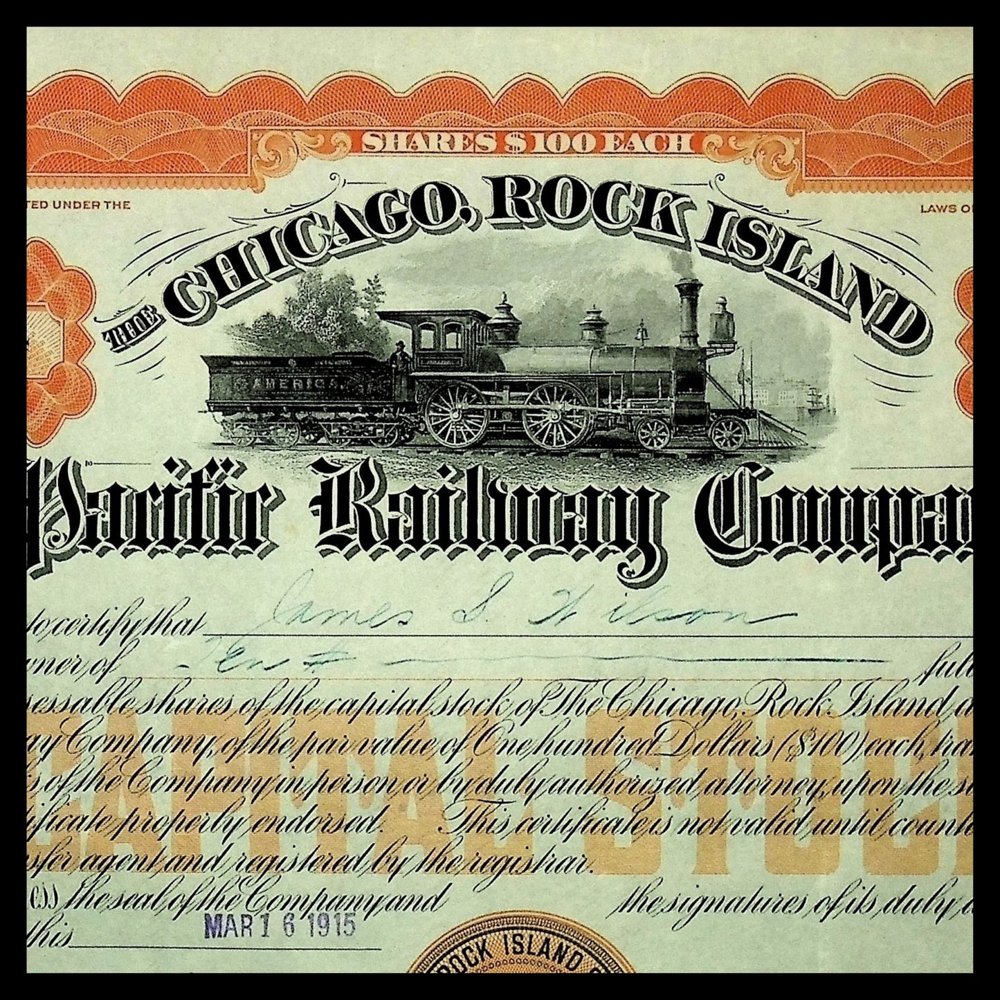 Chicago, Rock Island and Pacific Railroad "Rock Island Line" Company Stock Certificate from 1915
