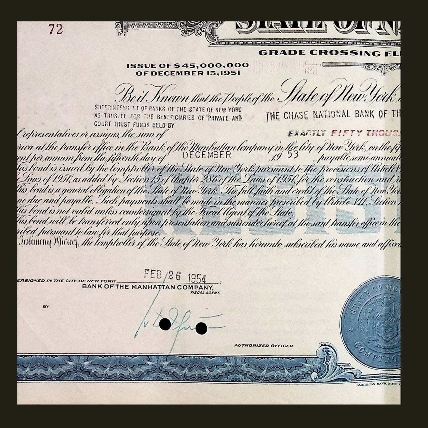 State of New York Grade Crossing Elimination Bond Certificate from 1950s
