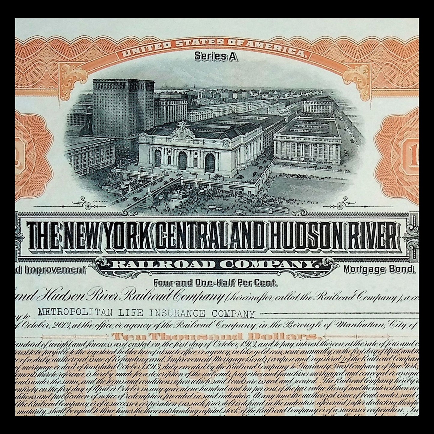 New York Central and Hudson River Railroad Company (with Grand Central) Bond Certificate from 1913