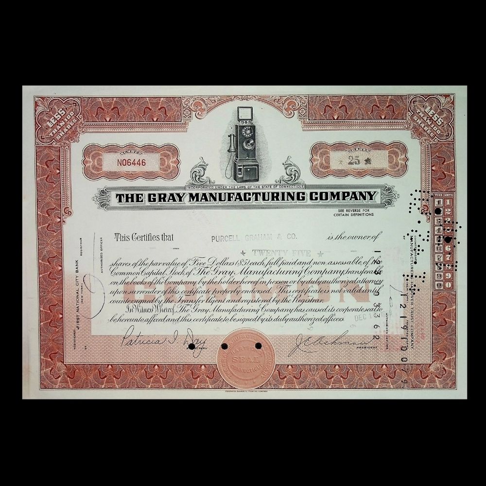 Gray Manufacturing Stock Certificate from 1950s / 1960s