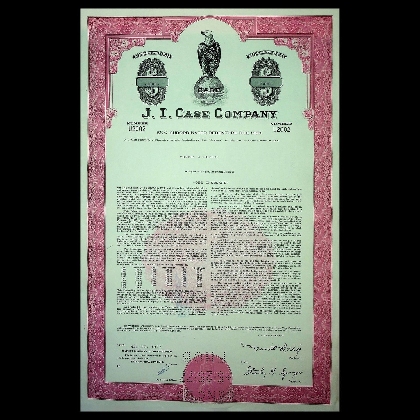 1960 年代/70 年代 JI Case 公司(拖拉机)债券证书