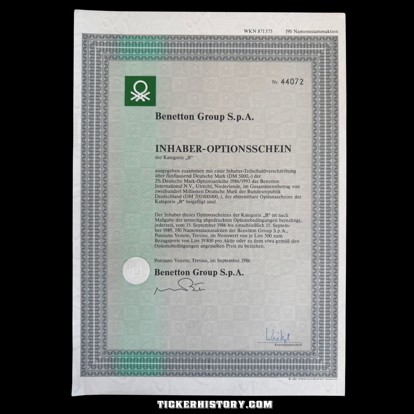 Benetton Group (Fashion co) SpA 自 1986 年起获得德国证书