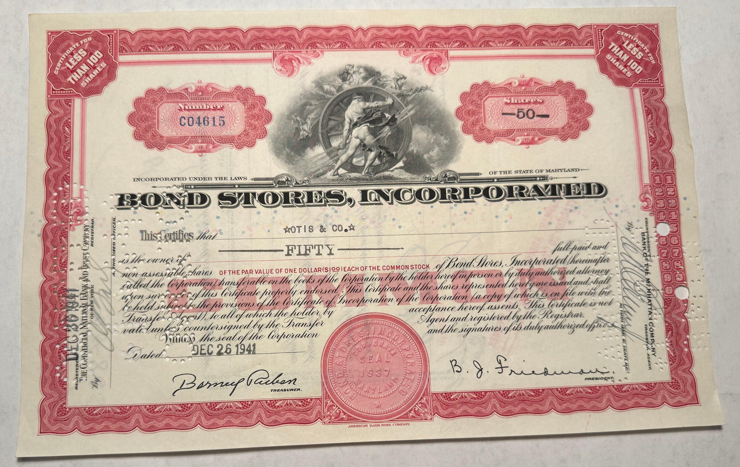 Bond Stores Inc,股票证书