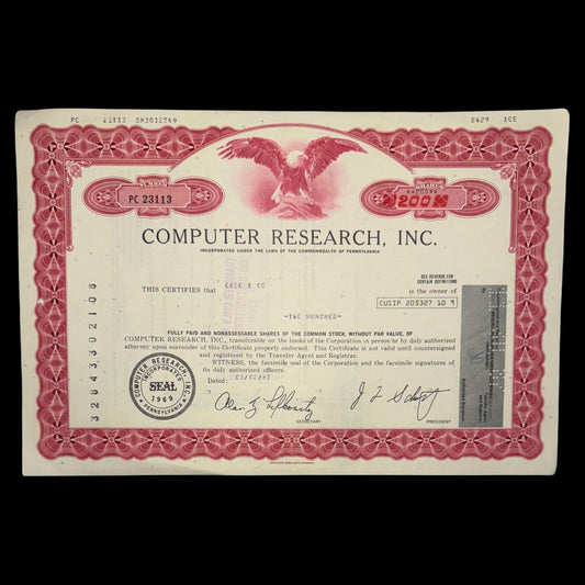 Computer Research Inc Stock Certificate from 1970s/80s
