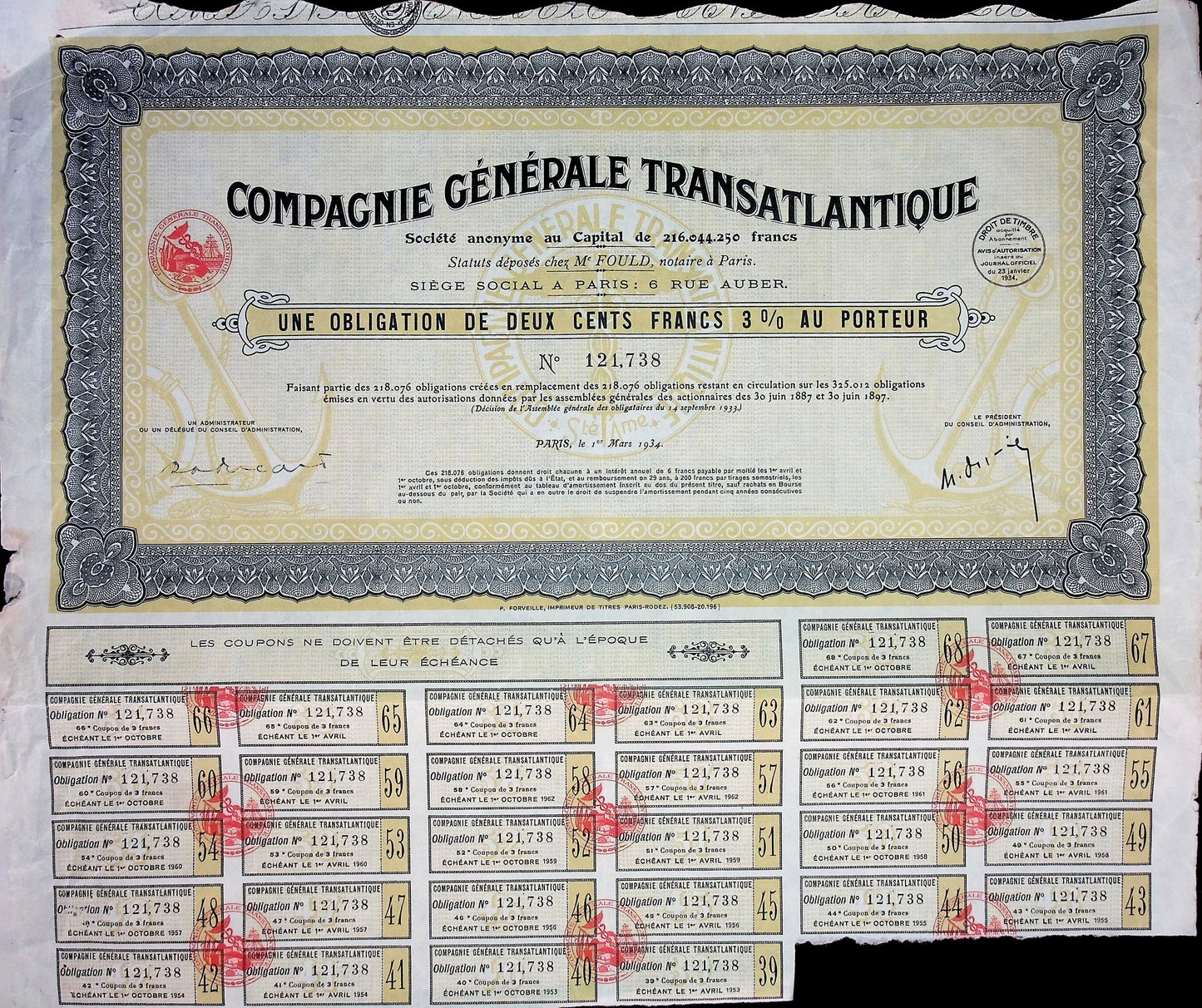 1934 年成立的 Compagnie Générale Transatlantique(法国航运公司)债券