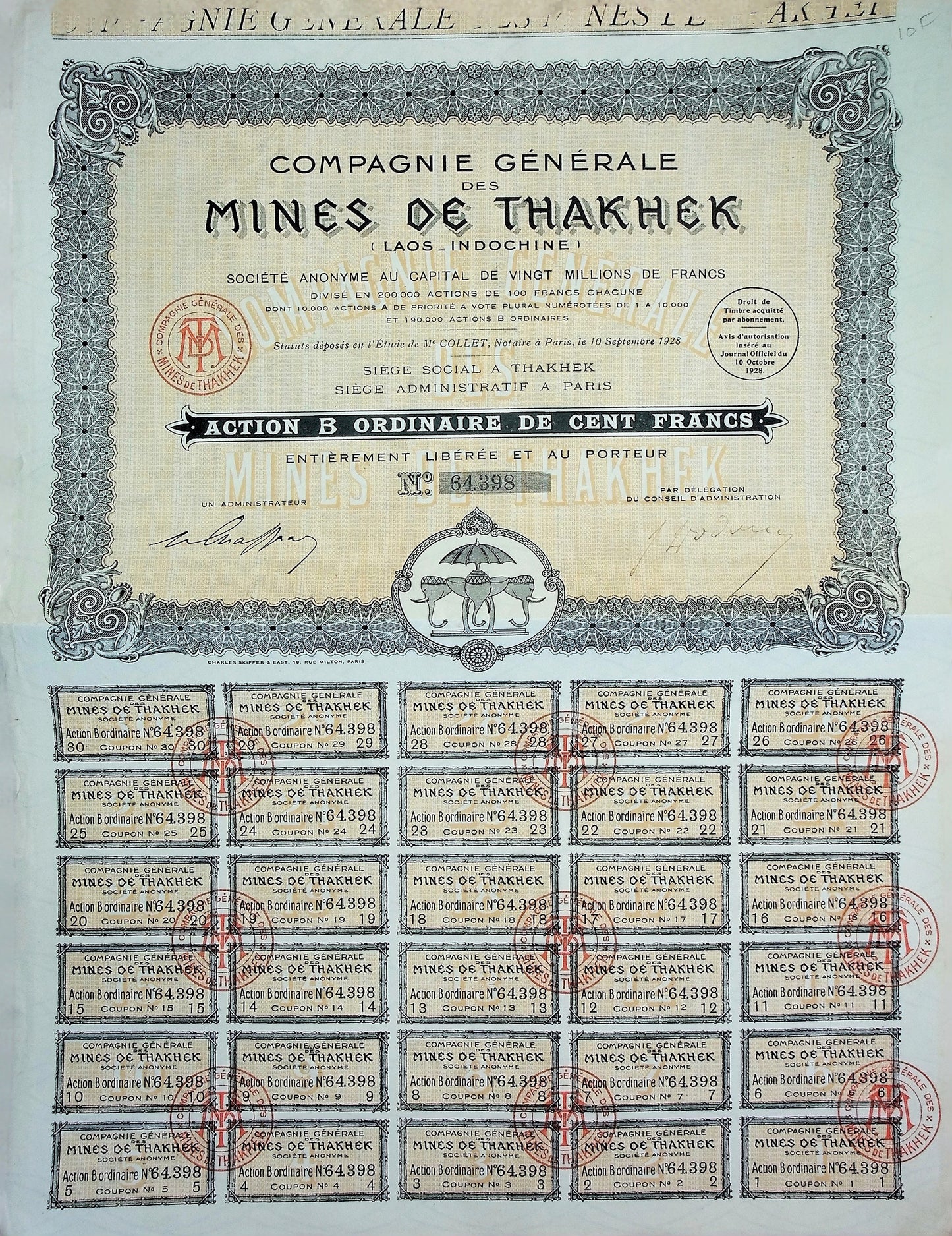 Mines de Thakhek(法国采矿老挝/印度支那)1928 年股票证书