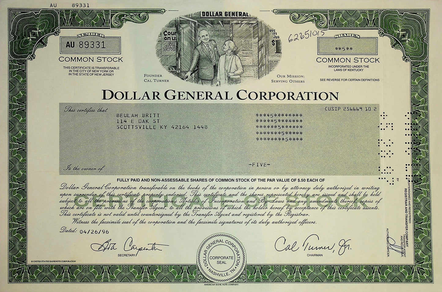 Dollar General 绿色股票证书(附创始人)股票证书