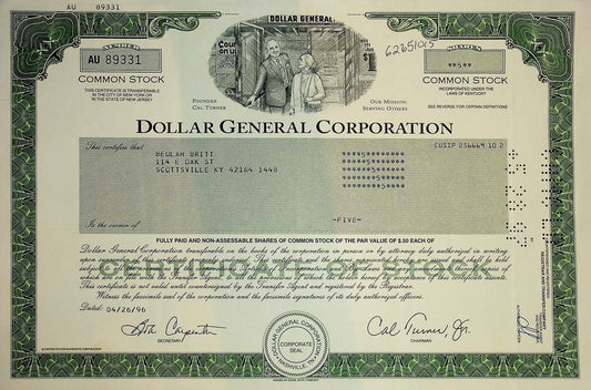 Dollar General Green Stock Certificate (with founders) Stock Certificate