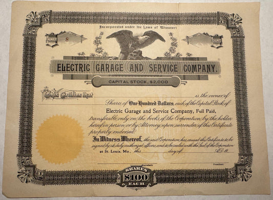 Electric Garage and Service Company Stock Certificate from St Louis, Missouri - 1912