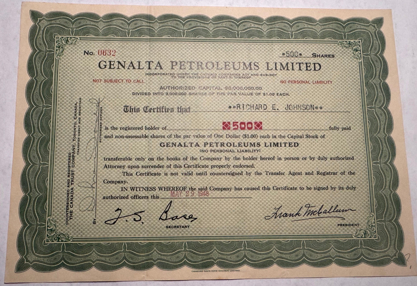 Genalta Petroleums Limited 股票证书
