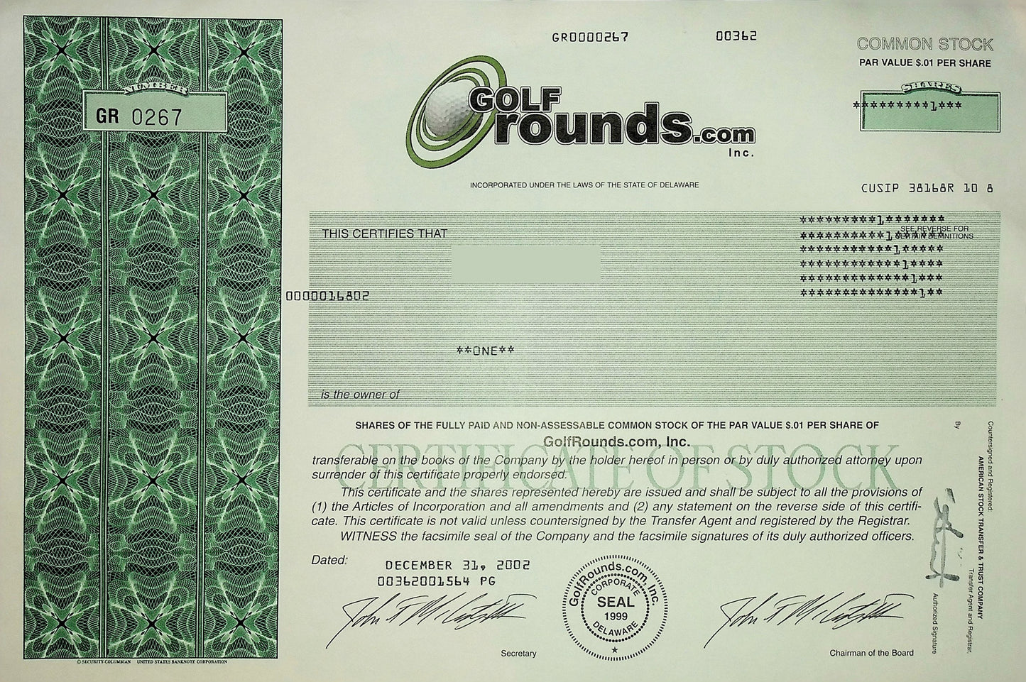 GolfRounds.com Inc 2002 年股票证书