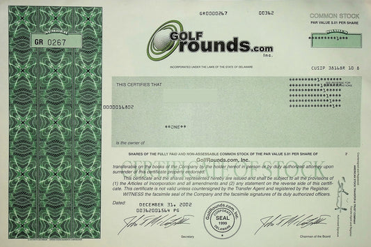 GolfRounds.com Inc Stock Certificate from 2002