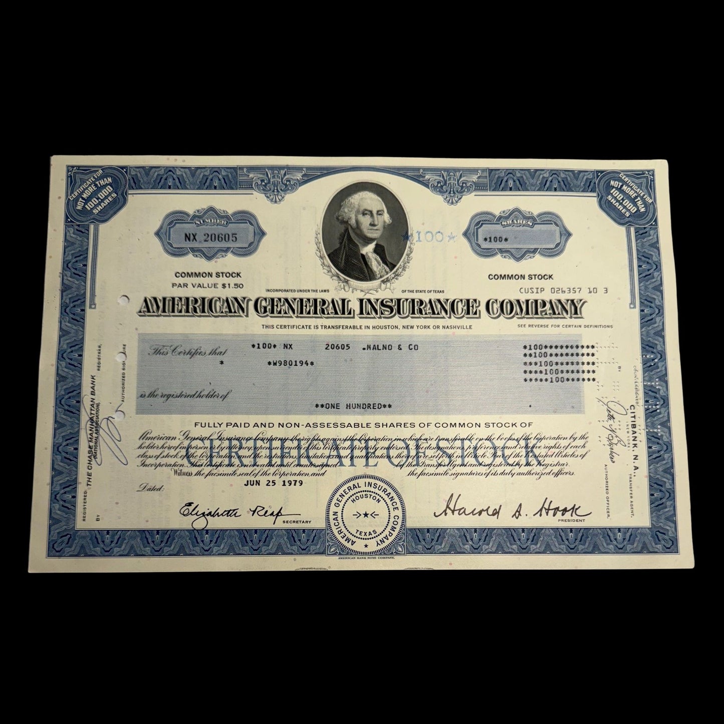 American General Insurance (ft George Washington) Now AIG - Stock Certificate