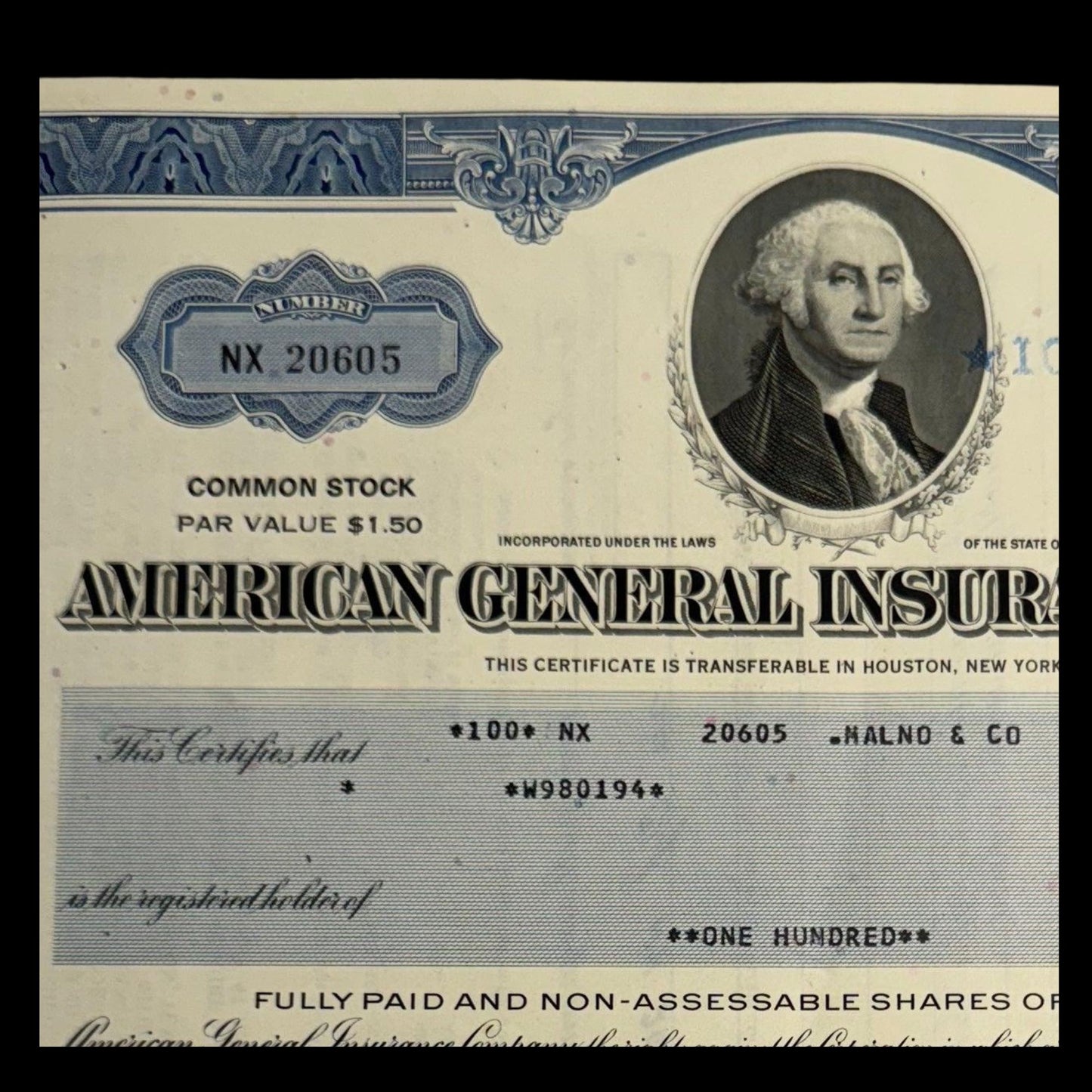 American General Insurance (ft George Washington) Now AIG - Stock Certificate