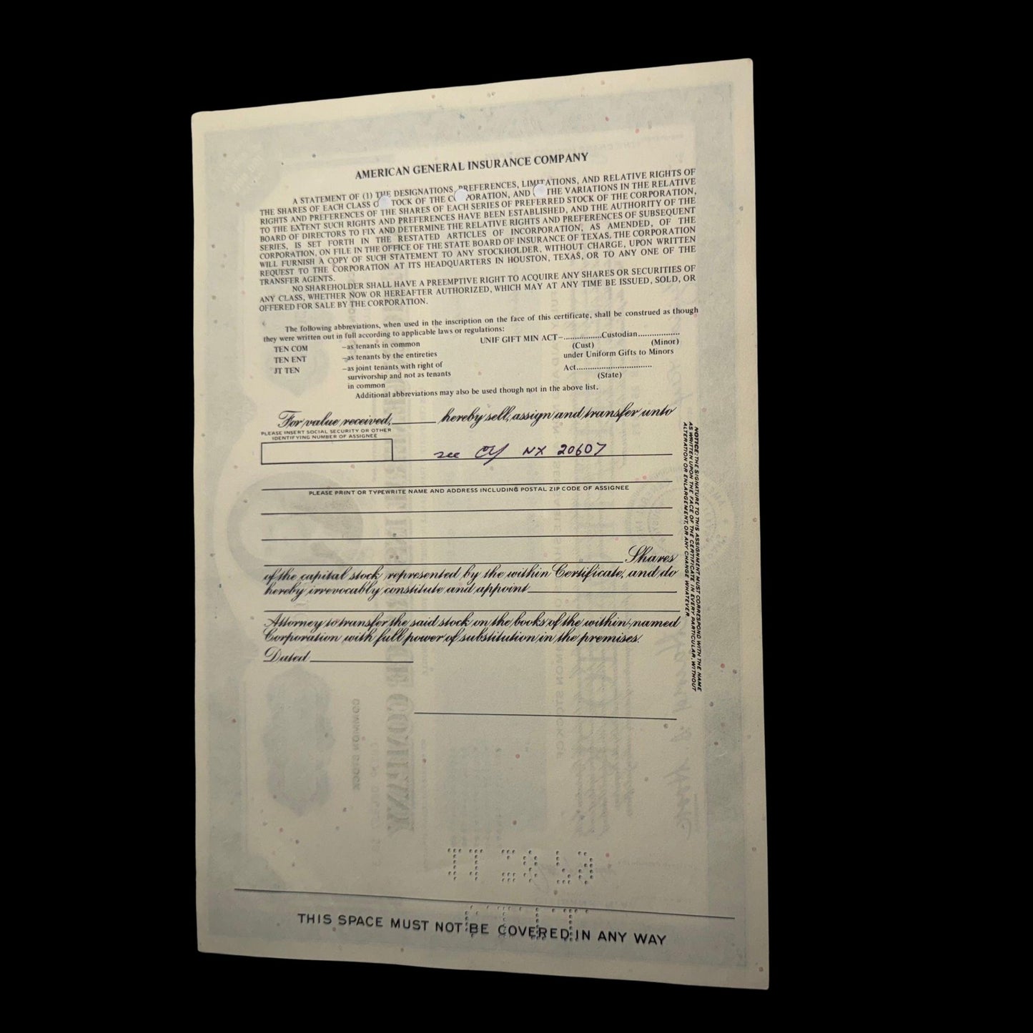 American General Insurance (ft George Washington) Now AIG - Stock Certificate