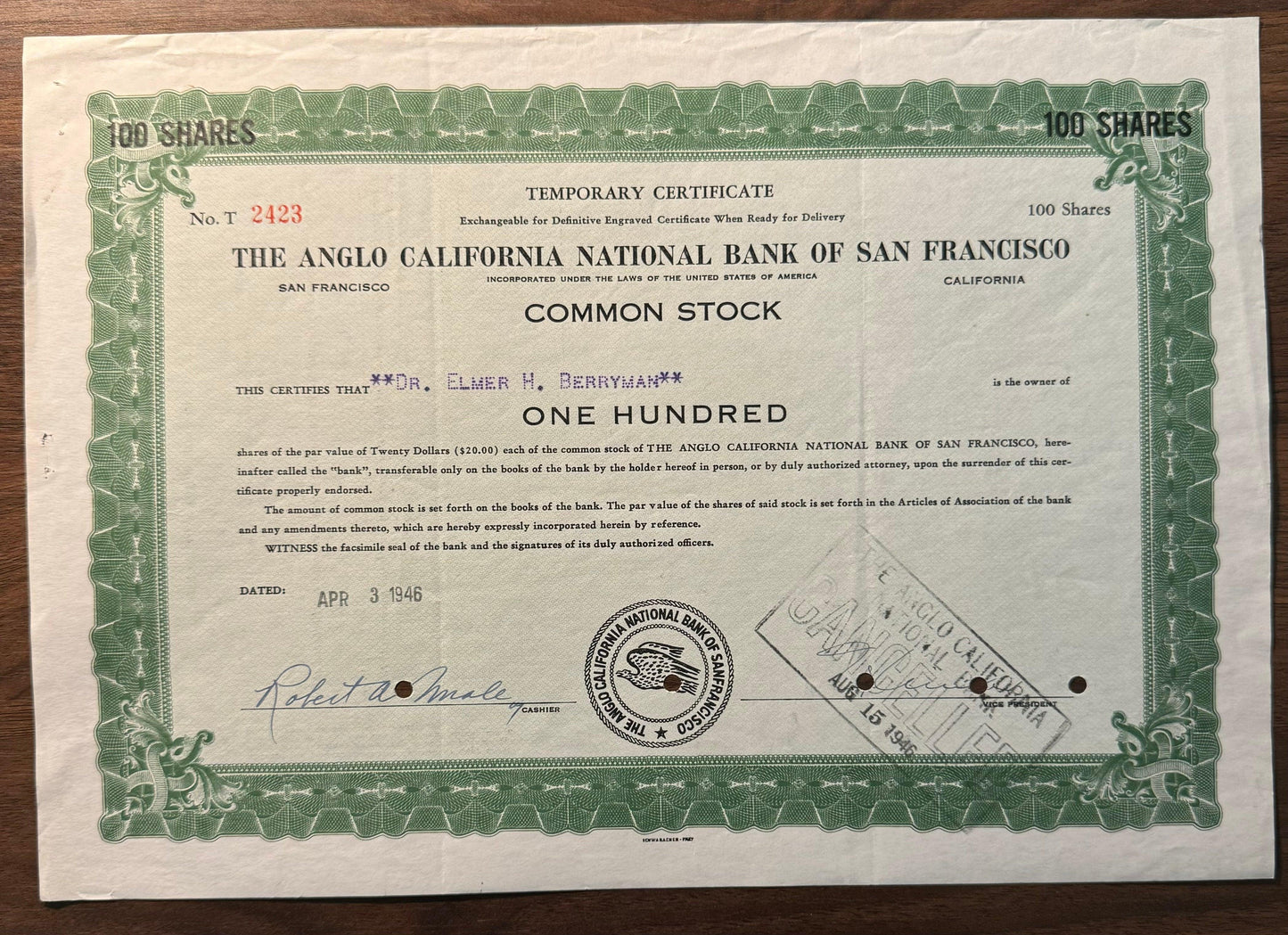 旧金山英属加州国民银行(现为富国银行)股票证书 1946 年