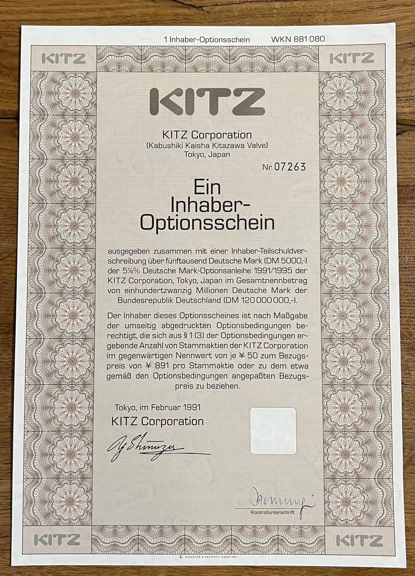 Kitz 公司认股权证证书(德文,经东京发送)