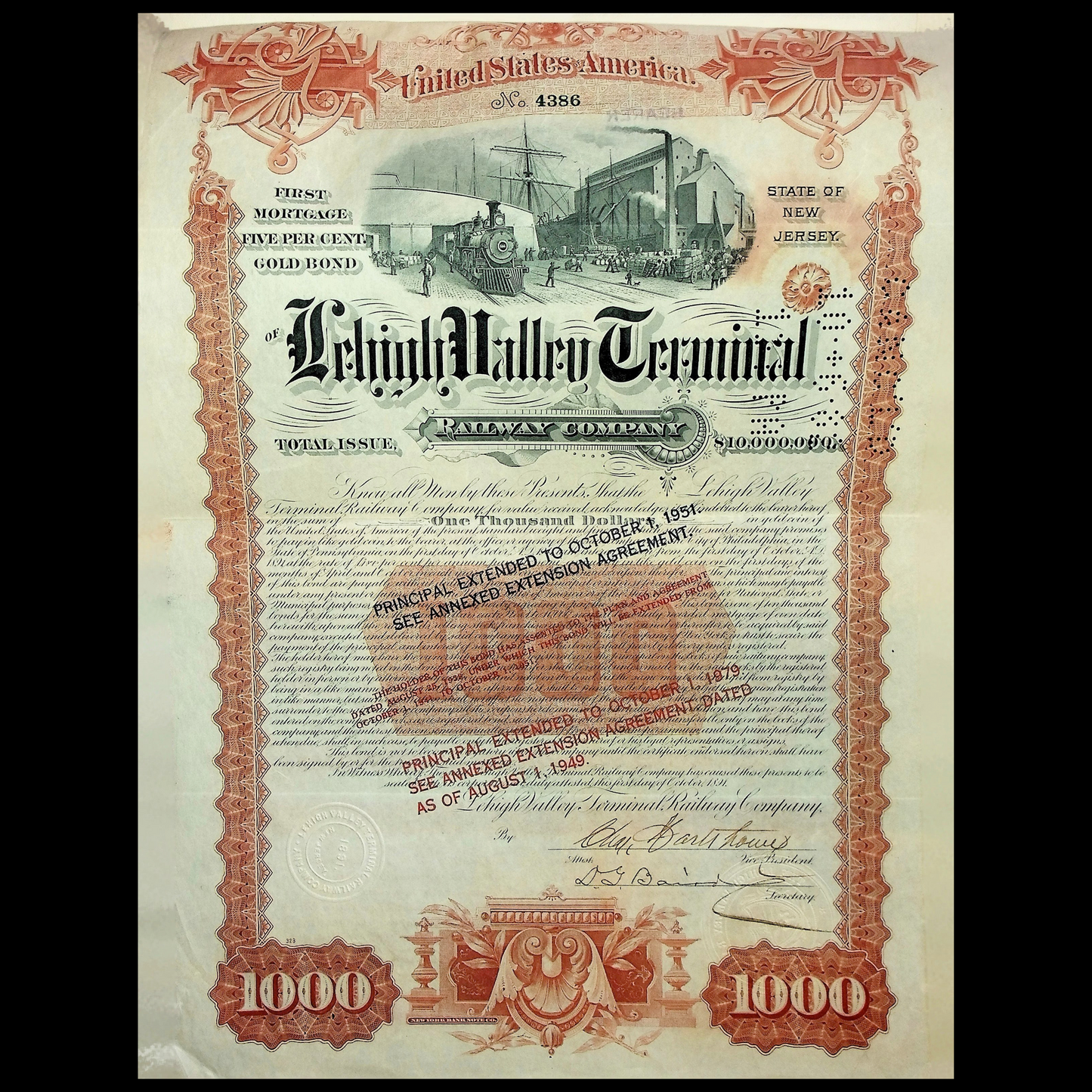 1892 年利哈伊谷终点铁路公司债券证书