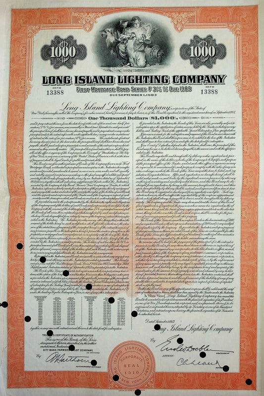 Long Island Lighting Company (now LIPA) Bond Certificate from 1983