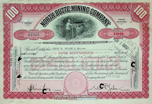 North Butte Mining Company Stock Certificate 1920s/30s