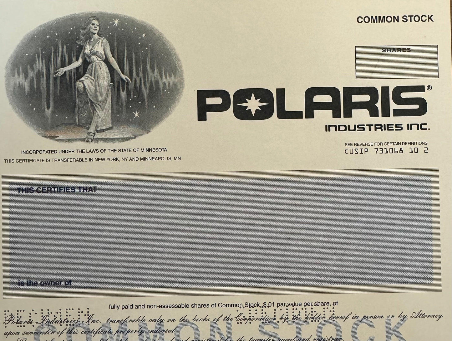Polaris Industries, Inc(雪地摩托)股票证书样本