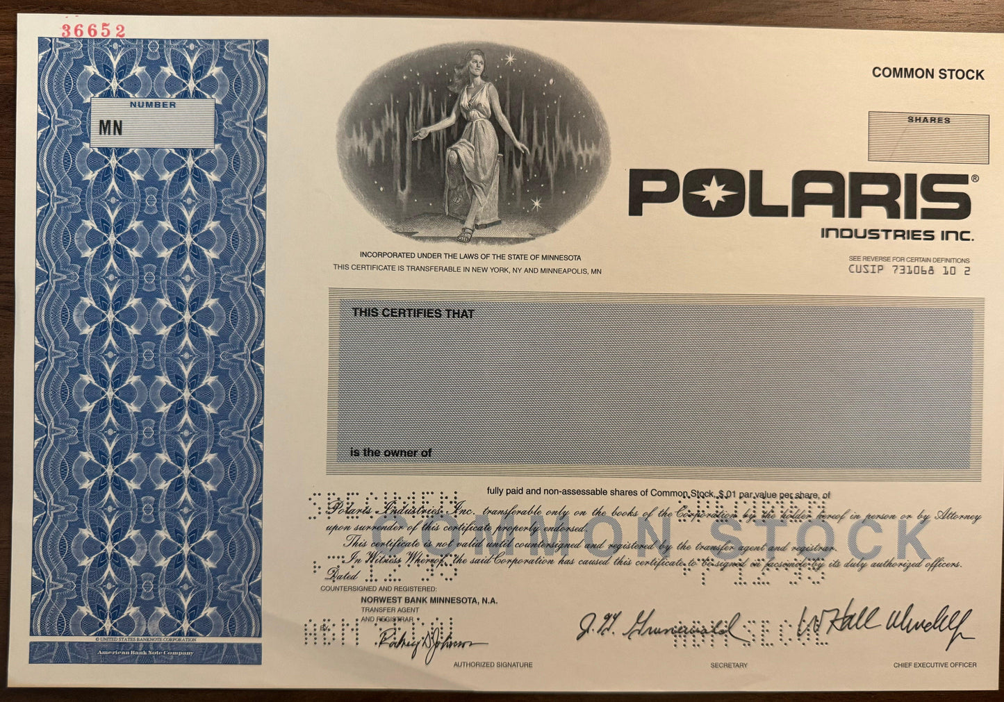 Polaris Industries, Inc(雪地摩托)股票证书样本