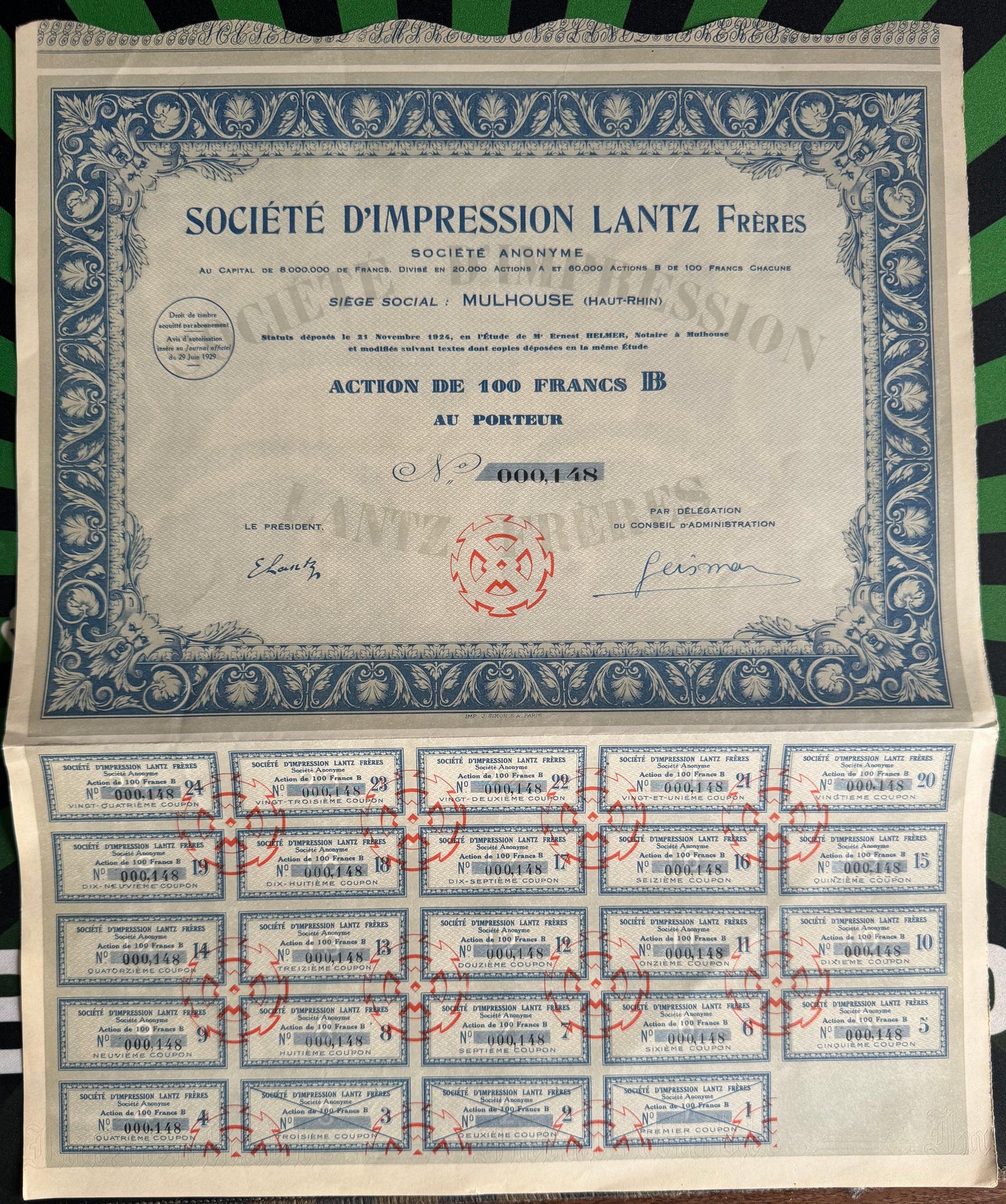 Societe D'Impression Lantz Feres 债券证书(附优惠券)(法国纺织公司)