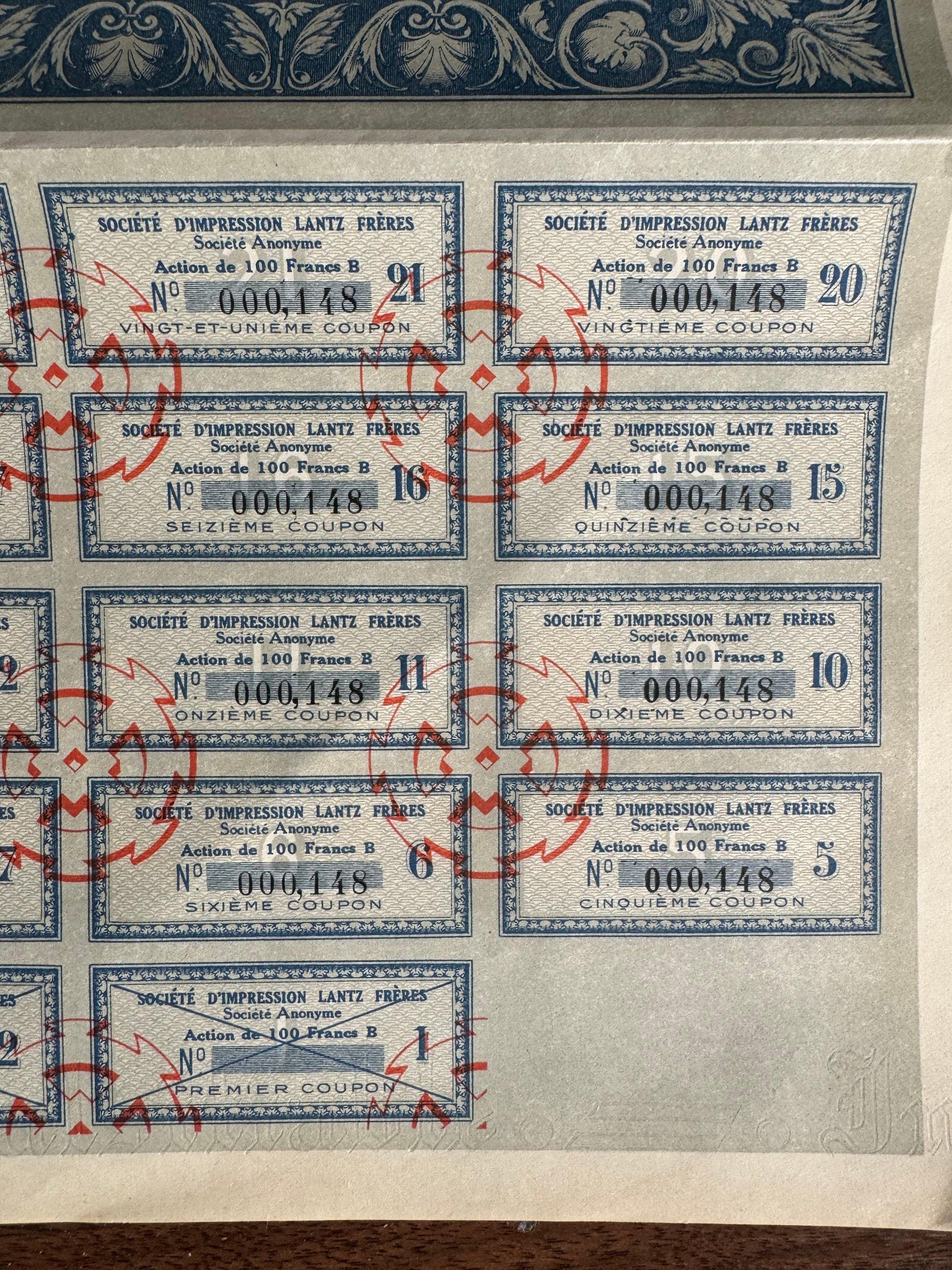 Societe D'Impression Lantz Feres 债券证书(附优惠券)(法国纺织公司)