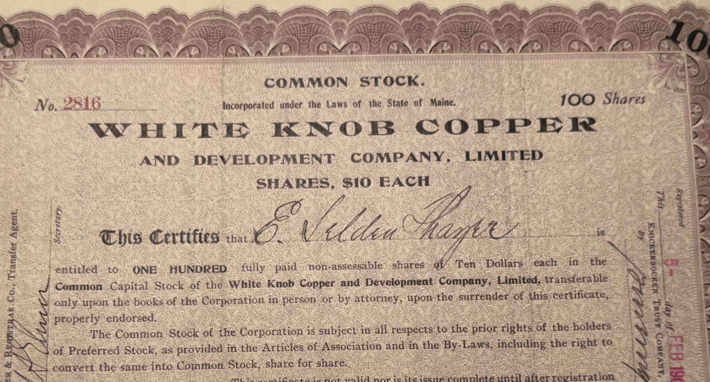 White Knob Copper & Development Company 股票证书